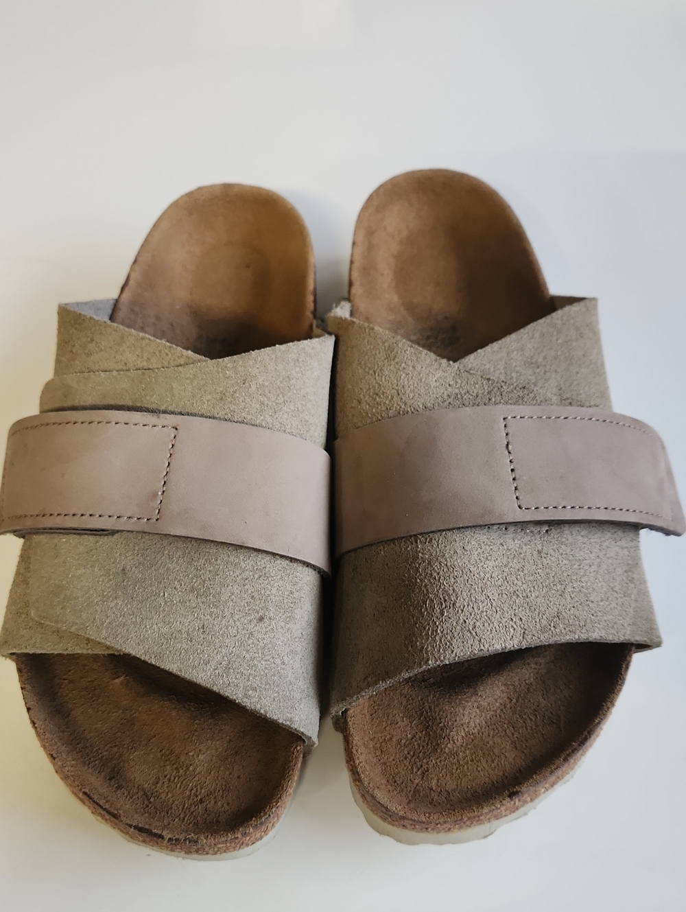Birkenstock Suede Cross-Band Slide Sandals in Taupe Brown